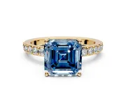 Solitaire Engagement Ring Setting for Fancy Blue Asscher Cut Center with Round Cut Pave Band and Prong Head in Yellow Gold