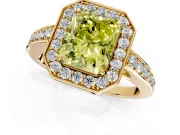 Bezel-Framed Halo Engagement Ring Setting for Fancy Yellow Radiant Cut Center with Pave Band and Prong Head in Yellow Gold