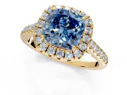 Halo Engagement Ring Setting for Fancy Blue Cushion Cut Center with Narrowing Pave Band and Prong Head in Yellow Gold