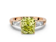 3 Stone Engagement Ring Setting for Fancy Yellow Radiant Cut Center with Tapered Baguettes, Plain Band and Prong Head in Rose Gold