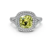 Double Halo Engagement Ring Setting for Fancy Yellow Cushion Cut Center with Narrow Pave Split Shank and Prong Head in Platinum