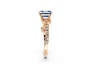 Leaf Motif Engagement Ring Setting for Fancy Blue Asscher Cut Center with Pave Band and Prong Head in Rose Gold