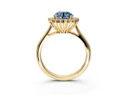 Starburst Halo Engagement Ring Setting for Fancy Blue Round Cut Center with Thin Round-Wire Band and Prong Head in Yellow Gold