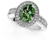 Milgrain Halo Engagement Ring Setting for Fancy Green Oval Center with Pave Band and Prong Head in White Gold