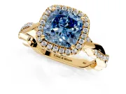 Halo Engagement Ring Setting for Fancy Blue Cushion Cut Center with Pave and Plain Twist Band and Prong Head in Yellow Gold