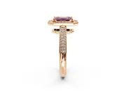 Milgrain Halo Engagement Ring Setting for Fancy Pink Emerald Cut Center with Three-Sided Pave Band and Prong Head in Rose Gold
