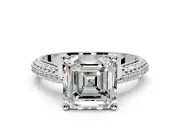 Solitaire Engagement Ring Setting for Asscher Cut Center with Multi-Row Accents and Prong Head in White Gold
