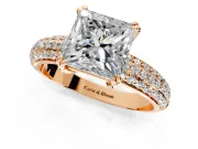Solitaire Engagement Ring Setting for Princess Cut Center with Multi-Row Pave Accents and Basket Head in Rose Gold