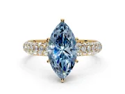 Solitaire Engagement Ring Setting for Fancy Blue Marquise Center with Domed Multi-Row Pave Band and Prong Head in Yellow Gold