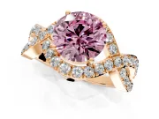 Halo Engagement Ring Setting for Fancy Pink Round Cut Center with Pave Infinity Twist Band and Prong Head in Rose Gold