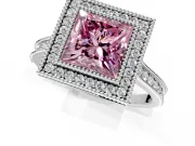 Halo Engagement Ring Setting for Fancy Pink Princess Cut Center with Milgrain Pave Band and Bezel Head in White Gold