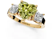 3 Stone Engagement Ring Setting for Fancy Yellow Heart-Shaped Center with Matching Side Accents and Prong Head in Yellow Gold