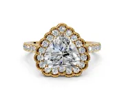 Milgrain Floral Halo Engagement Ring Setting for Heart-Shaped Center with Pave Band and Prong Head in Yellow Gold