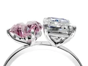 Fancy Pink Heart-Shaped and Emerald Cut Lab-Grown Diamond Toi et Moi Engagement Ring with Prong-Set Stones in Platinum