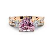 3 Stone Engagement Ring Setting for Fancy Pink Heart-Shaped Center with Pave Split Shank and Prong Head in Rose Gold