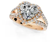 Halo Engagement Ring Setting for Heart-Shaped Center with Narrow Pave Split Shank and Prong Head in Rose Gold