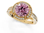Halo Engagement Ring Setting for Fancy Pink Round Cut Center with Framed Halo, Pave Band and Prong Head in Yellow Gold