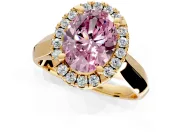 Halo Engagement Ring Setting for Fancy Pink Oval Center with Square Band and Prong Head in Yellow Gold