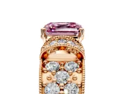 Pave Engagement Ring Setting for Fancy Pink Asscher Cut Center with Curved Accent Rows, Openwork and Prong Head in Rose Gold