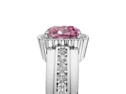 Halo Engagement Ring Setting for Fancy Pink Cushion Cut Center with Wide Band, Inlaid Accent Row and Prong Head in White Gold