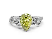 Leaf Motif Engagement Ring Setting for Fancy Yellow Pear-Shaped Center with Pave Band and Prong Head in Platinum