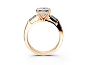 3 Stone Engagement Ring Setting for Princess Cut Center with Tapered Baguettes, Plain Band and Prong Head in Rose Gold