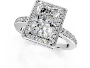 Halo Engagement Ring Setting for Radiant Cut Center with Metal-Rimmed Halo, Pave Band and Prong Head in White Gold