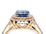 Double Halo Engagement Ring Setting for Fancy Blue Radiant Cut Center with Narrow Pave Split Shank and Prong Head in Rose Gold