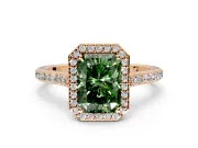 Halo Engagement Ring Setting for Fancy Green Radiant Cut Center with Pave Accents, Heart Basket and Prong Head in Rose Gold