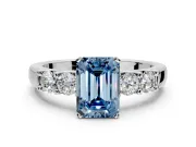 5 Stone Engagement Ring Setting for Fancy Blue Emerald Cut Center with Plain Band and Prong Head in White Gold