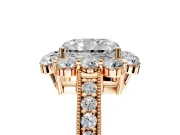 Halo Engagement Ring Setting for Radiant Cut Center with Milgrain Channel Band and Prong Head in Rose Gold