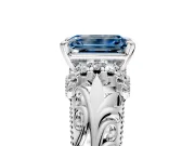 Solitaire Engagement Ring Setting for Fancy Blue Emerald Cut Center with Filigree Accent Basket and Prong Head in Platinum