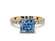Solitaire Engagement Ring Setting for Fancy Blue Princess Cut Center with Fine Pave Band and Claw Prong Head in Yellow Gold