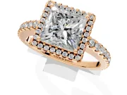 Accent Halo Engagement Ring Setting for Princess Cut Center with Full-Length Pave Band and Prong Head in Rose Gold