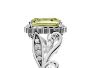 Halo Engagement Ring Setting for Fancy Yellow Emerald Cut Center with Leaf Motif Split Shank and Prong Head in Platinum