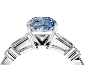 Bar-Set Engagement Ring Setting for Fancy Blue Cushion Cut Center with Tapered Baguette Accents and Prong Head in White Gold
