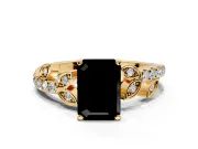 Leaf Motif Engagement Ring Setting for Fancy Black Emerald Cut Center with Pave Band and Prong Head in Yellow Gold
