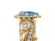 Milgrain Halo Engagement Ring Setting for Fancy Blue Pear-Shaped Center with Shoulder Bezels and Prong Head in Yellow Gold