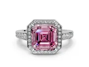 Bezel-Framed Halo Engagement Ring Setting for Fancy Pink Asscher Cut Center with Pave Band and Prong Head in White Gold