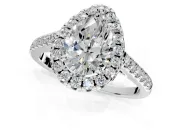 Halo Engagement Ring Setting for Pear-Shaped Center with Raised Halo, Pave Band and Prong Head in Platinum