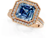 Halo Engagement Ring Setting for Fancy Blue Asscher Cut Center with Milgrain Halo, Pave Band and Prong Head in Rose Gold