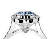 Halo Engagement Ring Setting for Fancy Blue Round Cut Center with Milgrain Frame, Pave Band and Prong Head in White Gold