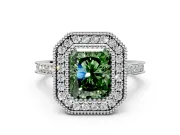 Halo Engagement Ring Setting for Fancy Green Radiant Cut Center with Milgrain Frame, Pave Band and Prong Head in White Gold