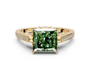 Cathedral Engagement Ring Setting for Fancy Green Princess Cut Center with Antique-Style Pave Band and Prong Head in Yellow Gold