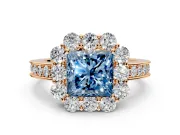 Halo Engagement Ring Setting for Fancy Blue Princess Cut Center with Milgrain Channel Band and Prong Head in Rose Gold