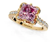 Floral Engagement Ring Setting for Fancy Pink Cushion Cut Center with Pave Band and Floral Prong Head in Yellow Gold
