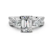 3 Stone Engagement Ring Setting for Emerald Cut Center with Pave Split Shank and Prong Head in Platinum
