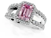Halo Engagement Ring Setting for Fancy Pink Emerald Cut Center with Wide-Open Pave Split Shank and Prong Head in Platinum