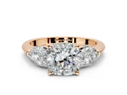 3 Stone Engagement Ring Setting for Cushion Cut Center with Large Pear-Shaped Accents and Prong Head in Rose Gold