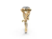 Halo Engagement Ring Setting for Round Cut Center with Leaf Motif Split Shank and Prong Head in Yellow Gold